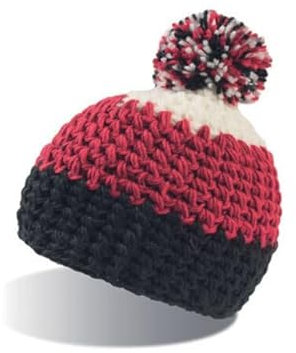 tshirtladen Everest Beanie mit Innenfleeceband: Farbenfrohe Bommelmütze für kalte Tage, Farbe: Black Burgundy White