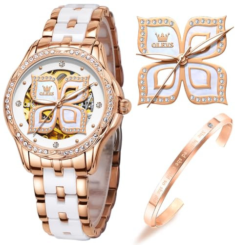 OLEVS Damenuhren Automatikuhren Rose Gold Mechanisch Armbanduhren Selbstaufziehend Luxus Keramikband Wasserdicht Diamantarmband Uhren Sets Geschenke