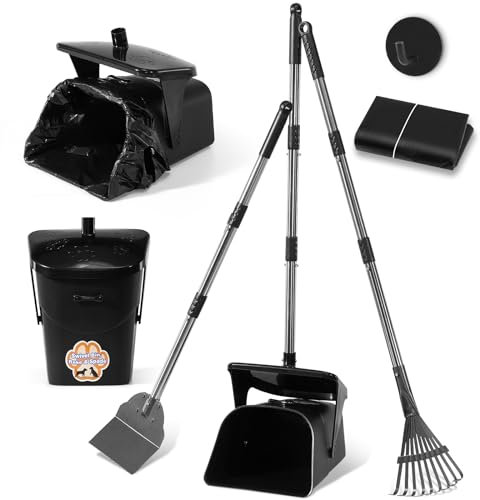 Ulugt Hundekotschaufel aus Edelstahl, 101,6 cm langer Griff, drehbarer Mülleimer, Rechen und Spaten, 20 Kotbeutel und Haken, robust, tragbar, Metall-Kotschaufel für große, mittelgroße und kleine Hunde