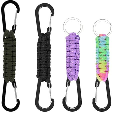 NewZC 4 Pieces Paracord Keychain Kit Paracord Keychains with Carabiner Clips Braided from 7 Strands of Rope for Climbing Hiking and Camping(Black, Army Green, Purple, Coloured)
