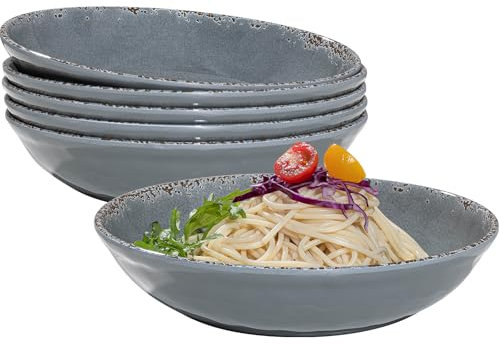ZAROCRUS Melamine Pasta Bowls Set,6 Piece 9.25 inch Vintage Melamine Pasta/Salad/Ramen/Noodle/dinner/Fruit Bowls, Set of 6,Unbreakable Large Shallow Serving Bowls set,Cool Grey…
