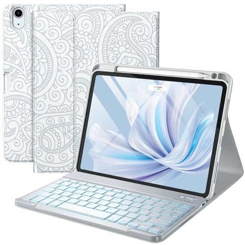 Harvopu Compatible avec iPad Air 11 M2/10,9 Air 5e 4e génération – Étui folio amovible rétroéclairé avec porte-crayon pour iPad Air 11 2024/Air 5/Air 4 (blanc cassé)