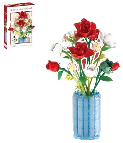 Blumen Bausteine Bausatz, 1016 Stück Rosen Blumen Bausteine mit Vase, Künstliche Blumenstrauß Pflanzen Set, Blumen Bauspielzeugsets, Heimdeko, Kreative Geschenke für Kinder Erwachsene (33801)