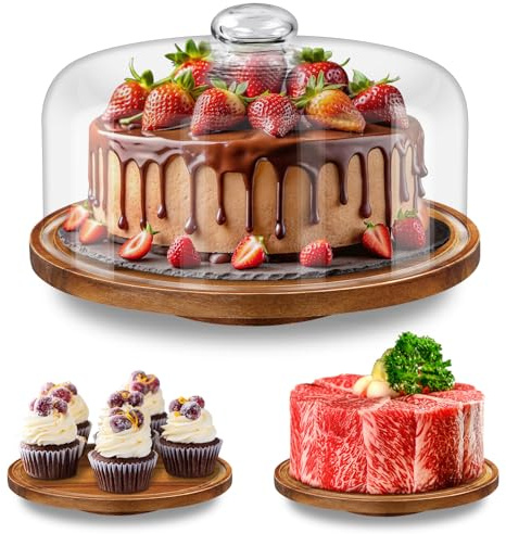 Yangbaga 11IN Wood Cake Stand with Dome Lid, Rotating Cake Stand with Glass Dome- Cake Plate with Cover for Baking Gifts/Birthday Kitchen/Party/Weddings