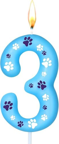 Ovaletta Blaue Geburtstagskerzen Zahlen 3 mit Pfotenabdruck, Kerzen Geburtstag, Blaue Geburtstagskerze, Geburtstagskerzen für Torte, Kerze 3, Kuchenaufsatz für Jungen, Mädchen, Hunde Partyzubehör