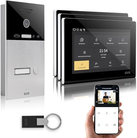 GVS - IP Video Türsprechanlage mit Türöffner, RFID Zugang, HD Kamera, 3X 7 Zoll Monitor & App - Smarte Video Türklingel mit Kamera & Gegensprechanlage für 1 Familienhaus (AVS4086U)