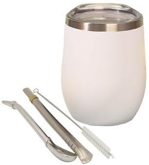 STOUCLA Taza de té mate de doble pared de acero inoxidable resistente al calor con tapa sin BPA, dos pajitas y cepillo de limpieza (blanco)