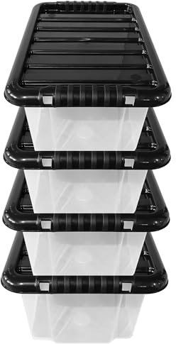 KAPCO 7L Plastic Storage Box with Black Lid (Pack of 4) | Small, Stackable, Strong, Durable Clear Box Containers for Home & Office | Multipurpose Storage Tubs | 30 x 20 x 15cm | 7 Litre - 4 Pack