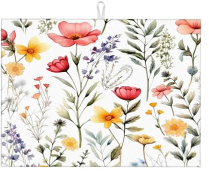 Mexpekil Tapete de secado de platos para encimera de cocina, hojas de flores silvestres coloridas, grande, antideslizante, de microfibra, tapete escurridor de platos, tapete de secado absorbente de 46