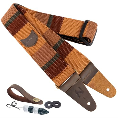 Nefelibata Gitarrengurt mit Plektrum-Tasche, Kopf Rindsleder Enden Gitarrengurte für Bass, Elektro-und Akustik-Gitarre, kommen mit kostenlosen Gurt-Taste, 1 Paar Gurtschlösser und 4 Gitarrenplektren