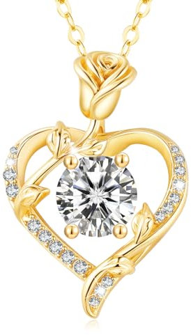 MISUMOR Moissanite Halskette Damen Silber 925, Moissanite Kette Gold mit Rosen Anhänger Herzkette Schmuck Damen Liebes Geschenke für Frauen Freundin Weihnachten Valentinstag Muttertags