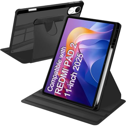 A-BEAUTY Funda Giratoria Compatible con con Xiaomi Redmi Pad 2 11 Pulgadas 2025 Soporte para Bolígrafo, Rotación de 360° Respaldo Clara, Auto-Sueño/Estela, Negro