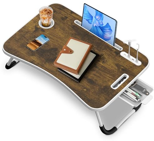 Soontrans Plateau de Lit 60x40x28 cm, Table de lit, Pliable, Support Ordinateur Portable Lit avec Tablette Support, Tiroir, Porte Gobelet, Poignée, pour Lit, Canapé, Sol, étude, Travail (Brun Foncé)