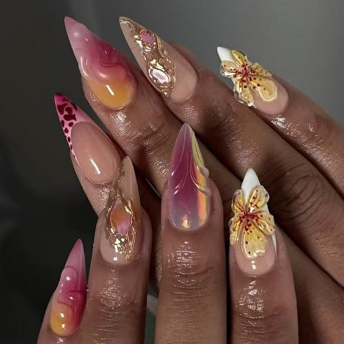 24 Pcs Press on Nails Short Almond Nail Tips,YEFIUO 3D Flower Acrylic Nail Kit Leopard French Fake Nails Press ons Glue on Nails Full Cover Reusable False Nails with Strong Jelly Glue Tool for Ma'am