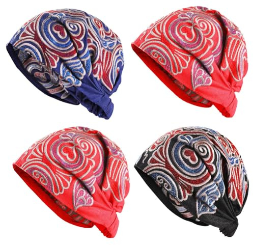 Besforta 4 Stück Damen-Beanie-Mützen im ethnischen Stil, Vintage-Stil, Blumenstickerei, elastische Bandanas