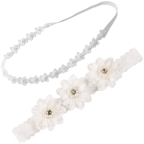 2Pcs White Pearl Flower Hairbands, Baby Soft Elastic Headdress, Elastic Lace Baby Hair Accessories with Flowers, Clothing Accessories Ideal for Newborns