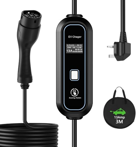 EV Charger: Type 2 to 3-Pin | 3/5/10M Cable | 3kW | 8/10/13A Adjustable Current | Schedule Charging | LED Electric Vehicle Charging Cable, Carry Bag & Advanced Protection for EVs & PHEVs (3M)