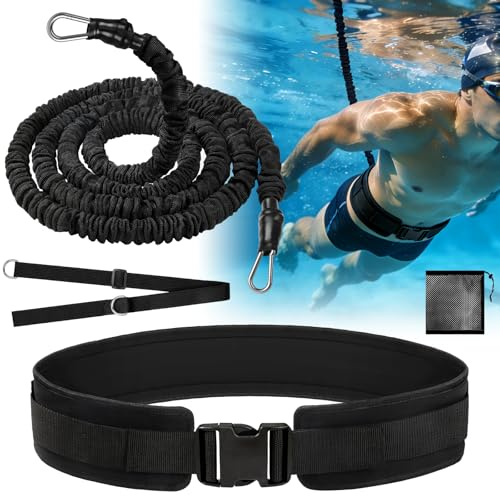 Vexyra Elastico Nuoto Statico Piscina, 2,5-7,5 M Cintura Nuoto Piscina per Adulti e Bambini, Controcorrente Regolabile in Lattice Naturale con Cintura Larga e Imbottita, Aiuto per Allenamento, Nero