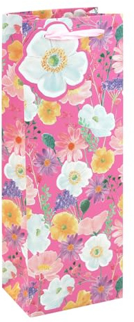 Floral Hot Pink Bottle Gift Bag 35cm – Paper Wine Bottle Present Bag with Pink Ribbon Handles & Flower Name Tag