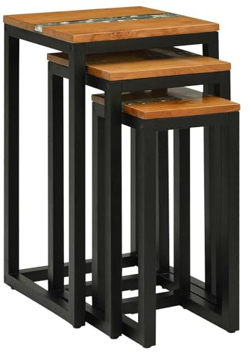 Kaorsrow Lot de 3 tables gigognes en teck massif et acier, marron | Tables basses peu encombrantes avec aspect décoratif en résine brisée de verre pour salon, couloir ou chambre à coucher.