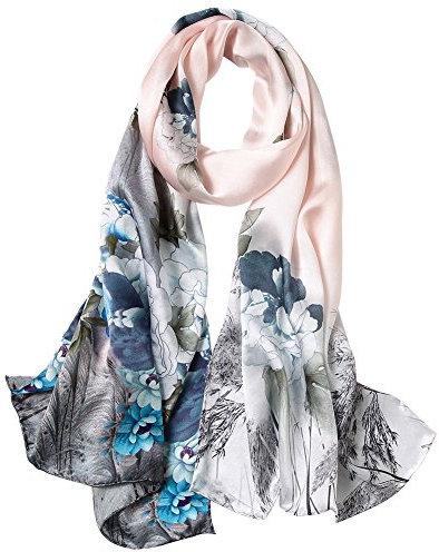 STORY OF SHANGHAI Sciarpa di 100% Seta Charmeuse da Donna Foulard a Raso con Fantasie Orientale, Fiore Celeste su Cipria
