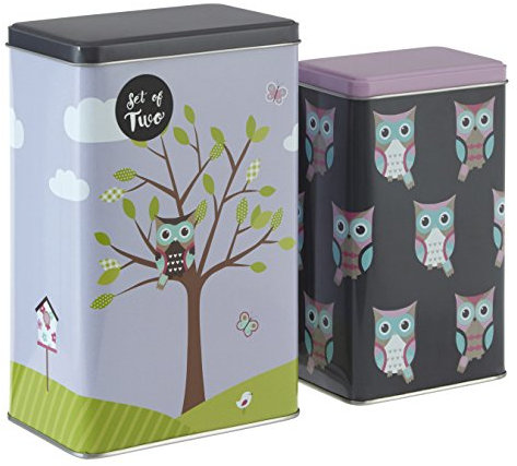 Premier Housewares 507304 Canister Set for Kitchen Rectangular Tea Coffee Storage Jars Set of Two Blue and Pink Owl Design 19 x 9 x 6 -19 x 11 x 7.5