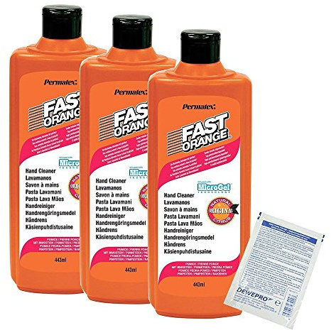 3er Set Permatex Fast Orange® Handwaschpaste – Kraftvolle Reinigung ohne Wasser (3 x 440 ml) + 3x DEWEPRO SingleScrubs