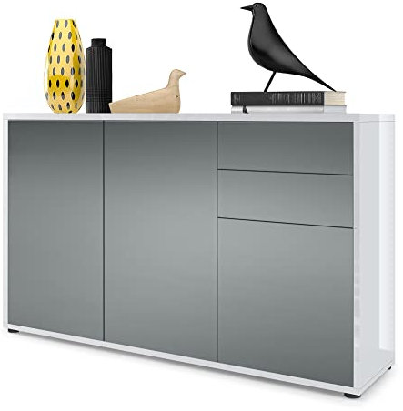 Vladon Sideboard Ben V3, Kommode mit 3 Türen und 2 Schubladen, Weiß Hochglanz/Graphit Seidenmatt (117 x 74 x 36 cm)