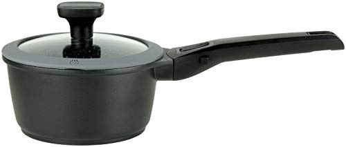 GSW 167871 Stielkasserolle Easy Click 16cm mit Glasdeckel und abnehmbarem Griff, Aluminium, Kunststoff, Glas, Silikon, 1.4 liters, schwarz