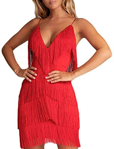 ECDAHICC Damen Minikleid im Stil der 20er Jahre Retro Vintage Great Gatsby Allover-Stil mit Fransen - Rot - Mittel