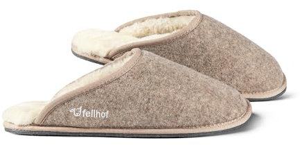 Fellhof Lammfell Hausschuh TRENDY FILZ Damen Herren Fell Pantoffeln mit rutschfester Sohle für Winter & Sommer Hausschuhe aus ECHTEM Lammfell Naturprodukt atmungsaktiv (48/49 beige melange)