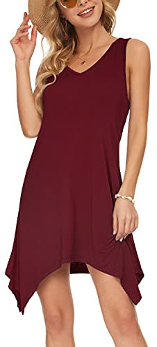 AUSELILY Robe Femme D'été Plage Robes sans Manches T-Shirt Robes Débardeur Courte Col V Ourlet Irrégulier