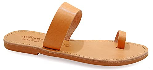 38 Beige Emmanuela Zehenring sandalen aus Leder, hochwertige handgefertigte griechische Slide Sommerschuhe, Riemchensandalen, flache Boho Toe Ring Sandalen
