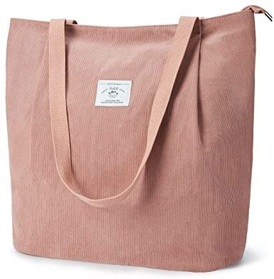 KALIDI Wasserdicht Cord Tasche mit Reißverschluss,Tote Bag Damen Groß Shopper Tasche Handtasche Kapazität Umhängetasche für Arbeit Büro Reisen Einkaufen Schule und Alltag,Rosa