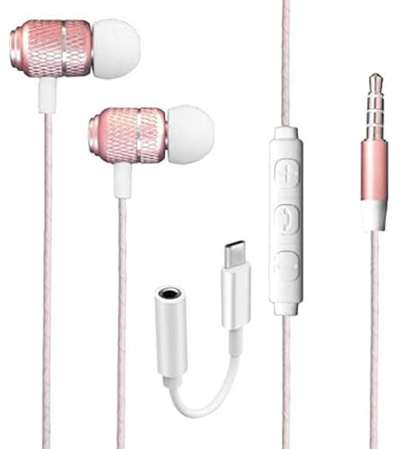 GALAXY A17/A16/A15/A25/A35/A14/A33 5G/A53/A73/M23/M33/M53/A23/A13 Earphone - Wired Bass Stereo In-ear Headphone (USB C To 3.5mm Jack Added) Headset Earbuds With in-line Volume Control (ROSE GOLD)