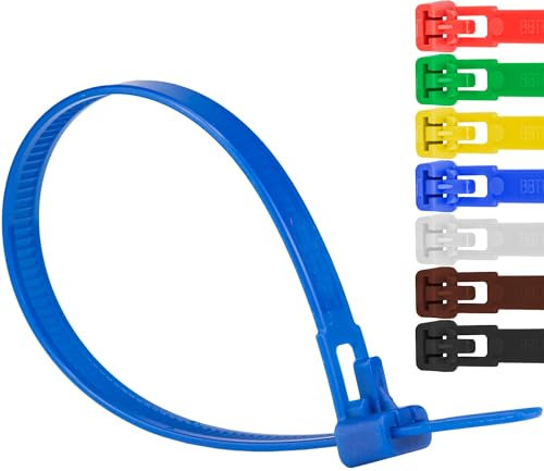Safetytex Kabelbinder 7,6mm UV-beständig Polyamid 6.6 wiederlösbar wiederverwendbar wiederverschließbar 100 Stück (Blau,370mm)