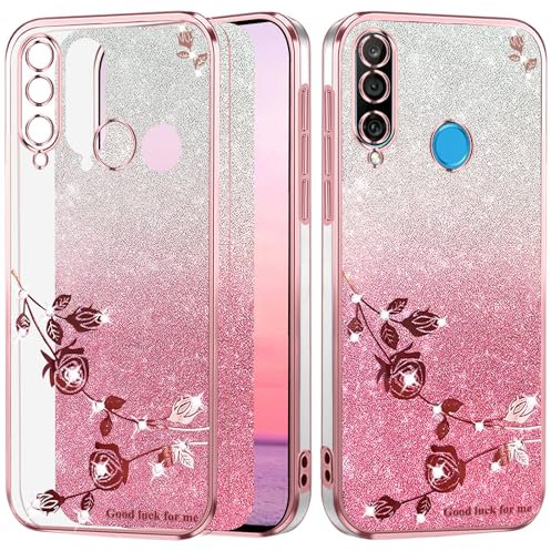 Yarxiawin Compatible with Huawei P30 Pro Case, Silicone Glitter Flowers, Clear Mobile Phone Case, Huawei P30 Pro Case, Glitter Transparent, Protective Case, Transparent (Pink)