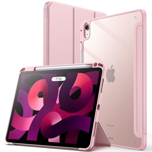 JETech Funda para iPad Air 11 Pulgadas M3/M2 (2025/2024), iPad Air 5/4 (10,9 Pulgadas, 2022/2020) con Portalápiz, Clara Transparente Carcasa Trasera Slim Soporte Antigolpes Cover Tableta (Rosado)