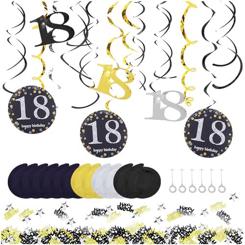 1 Set mit 12 Stück Spiral-Charm-Luftschlangen, 1 Packung Pailletten, 18. Geburtstagsparty, stimmungsvolle Tischdekoration, Band-Anhänger, schwarz-goldene Deko-Pailletten