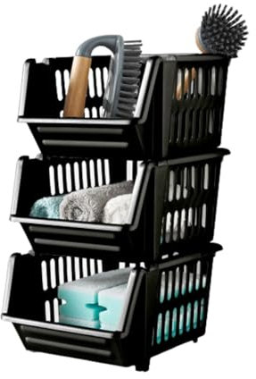 St@llion Set of 3 Small Black Plastic Stackable Basket Multi-Purpose Storage Kitchen Shelves Veg Rack Fruit Storage Stand Stacking Shelves Stationary Basket (Pack of 1)