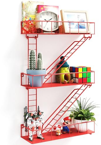 LUPWNEKA Rotes Metall-Feuerflucht-Wandregal, einzigartige dekorative Regale für die Wand, New York Regal, Leiter, Aufbewahrung, Funky Knick Knack Regal Organizer, industrielle Wandregale für