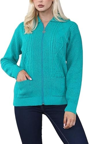 Womens Zipped Cable Knit Long Sleeve Collar Cardigan, Ladies Classic Chunky Winter Knitwear Zip Through Fasten with Pockets Pullover Jumper Top Zipper UK Plus Size 8-22