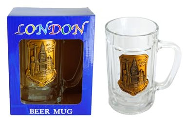 London Themed Tick Glass Beer Mug with Metal Finished Shield Badge Classic Beer Mug Unique Gift for Men Birthday Anniversary