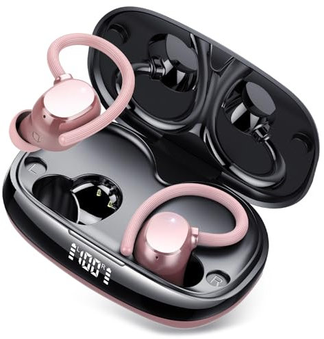 Wireless Earbuds, Bluetooth 5.3 Headphones Deep Bass, 80H Wireless Headphones In Ear with 4 HD ENC Noise Cancelling Mic, Wireless Earphones IPX7 Waterproof, Ear Buds with Earhooks for Sport, Rose Gold