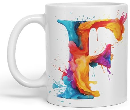 Vixar Letter F Mug, Alphabet Letter F Monogram Watercolour Ceramic Coloured Mug Cup for Tea Coffee Hot Brew 330ml 11Oz Gift (White)