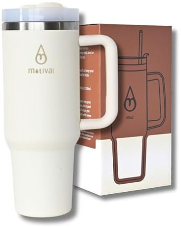 Motivai® Tumbler - 40oz - Thermobecher mit Griff und Strohhalm - Edelstahlbecher - Travel Cup - Mug to go - Trinkbecher to go - Thermosflasche - (Creme)