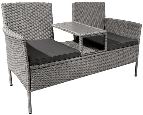 Riess Ambiente Moderne Gartenbank Portofino 140cm grau Polyrattan Outdoor Sitzbank mit Tisch wetterfest Terrassenbank Balkonbank Polsterbank inkl. Tisch