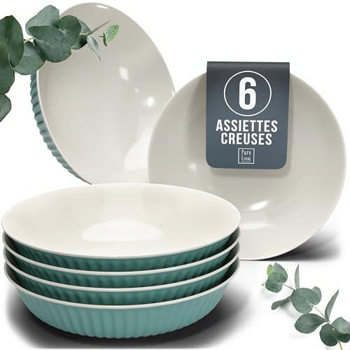 Set de 6 Assiettes à Soupe en Grès – Design HYGGE Scandi - Assiettes Creuses Grandes pour Pâtes avec Design Rainuré - Vaisselle Pure Living en vert
