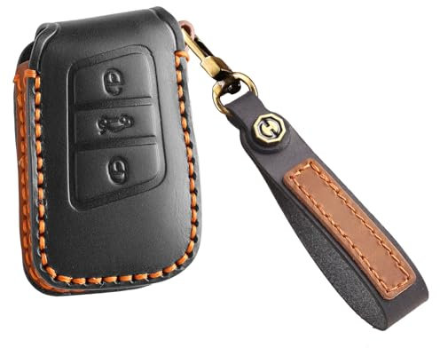 KUNIO Personalisierung Schlüsselanhänger Schlüsselhülle Passt für VW Magotan Passat B8 Tiguan MK2 für Jetta für Skoda Superb A7 Kodiaq für Seat Ateca Leder Autoschlüssel Schutz Keyless Schwarz