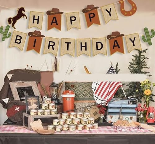Dusenly Vintage Western Happy Birthday Banner Cowboy Geburtstag Banner Wild Western Girlande Kaktus Pferd Muster Geburtstag Party Dekoration
